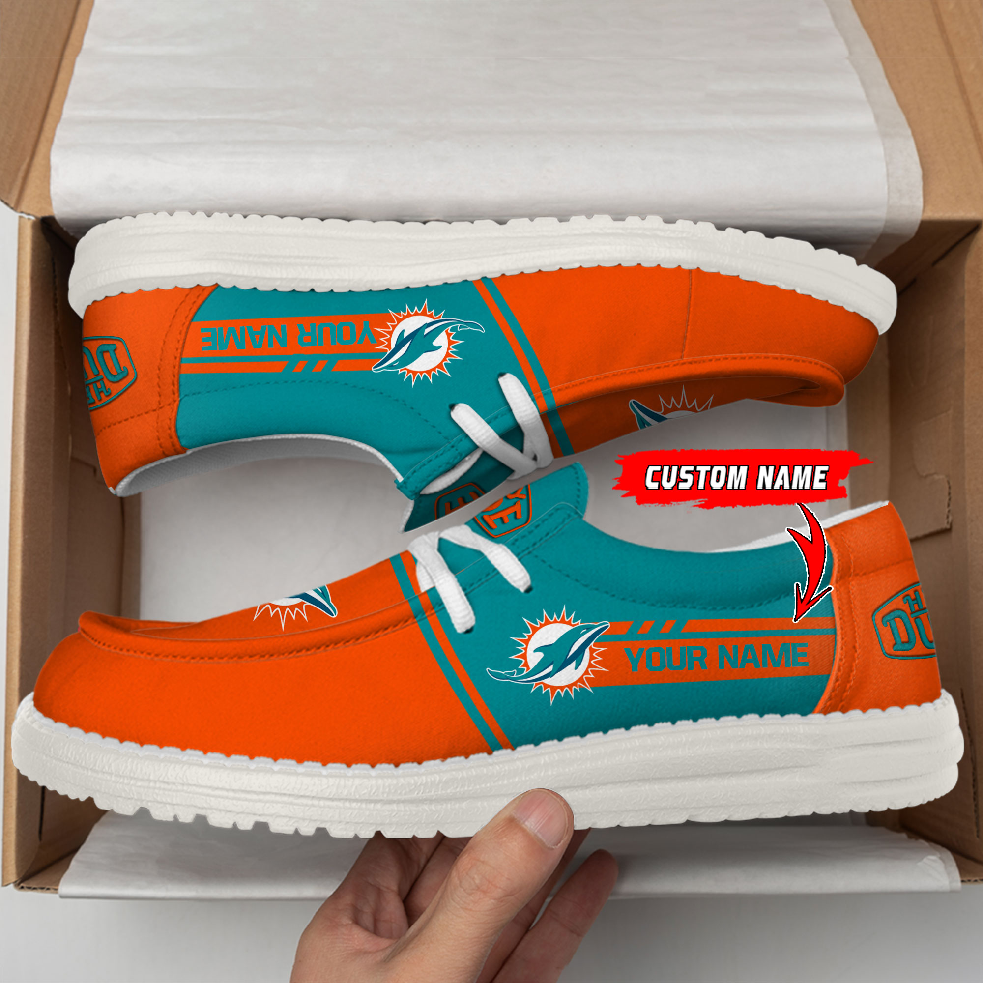 Miami Dolphins Football Hey Dude Canvas Loafer Shoes – Custom Name - Famjoys Miami Dolphins Football Hey Dude Canvas Loafer Shoes – Custom Name - Famjoys