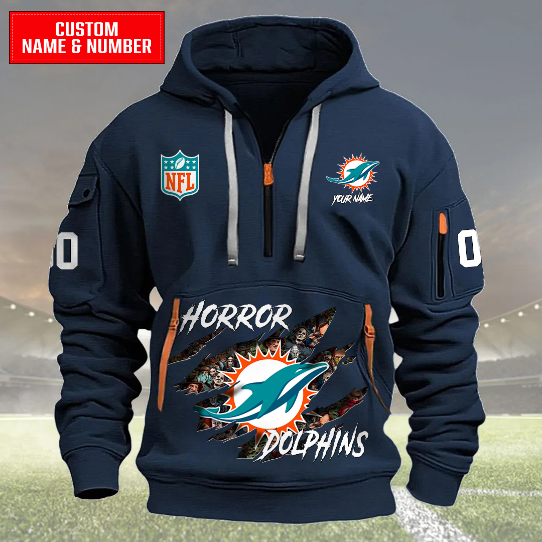Miami Dolphins Halloween Horror Collection Personalize Quarter Zip Hoodie AZCAQZH000028 - Famjoys Miami Dolphins Halloween Horror Collection Personalize Quarter Zip Hoodie AZCAQZH000028 - Famjoys