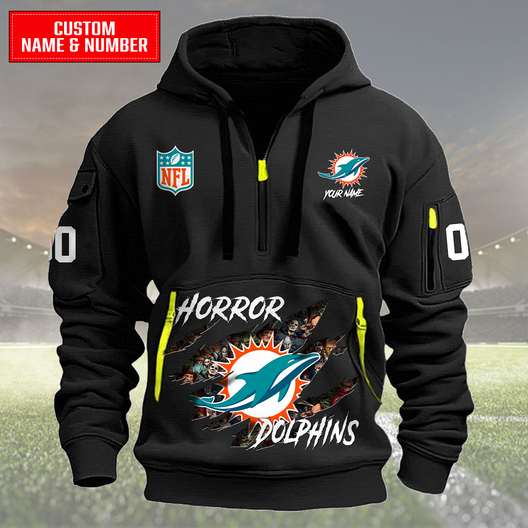Miami Dolphins Halloween Horror Collection Personalize Quarter Zip Hoodie AZCAQZH000028 - Famjoys Miami Dolphins Halloween Horror Collection Personalize Quarter Zip Hoodie AZCAQZH000028 - Famjoys