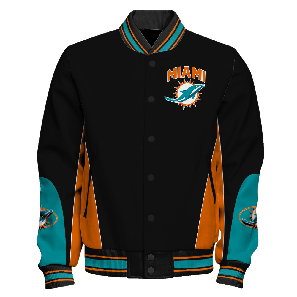 Miami Dolphins - In Sync With The Home Team Unisex Varsity Jacket - Famjoys Miami Dolphins - In Sync With The Home Team Unisex Varsity Jacket - Famjoys