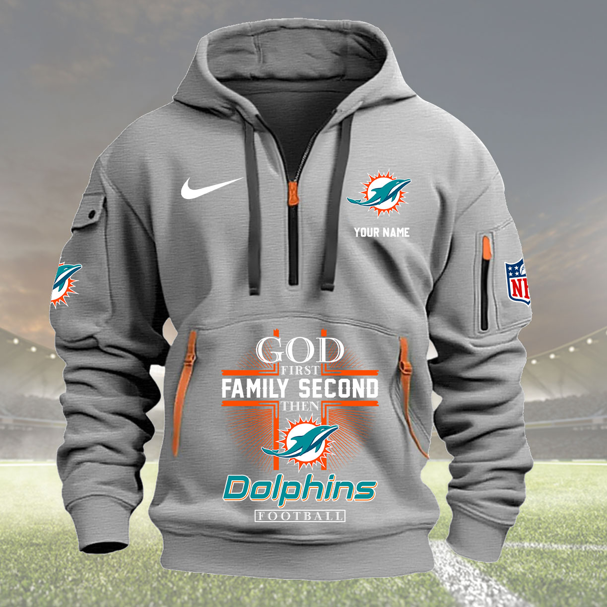 Miami Dolphins Personalized Quarter Zip Hoodie New Collection AZBTQZH000257 - Famjoys Miami Dolphins Personalized Quarter Zip Hoodie New Collection AZBTQZH000257 - Famjoys