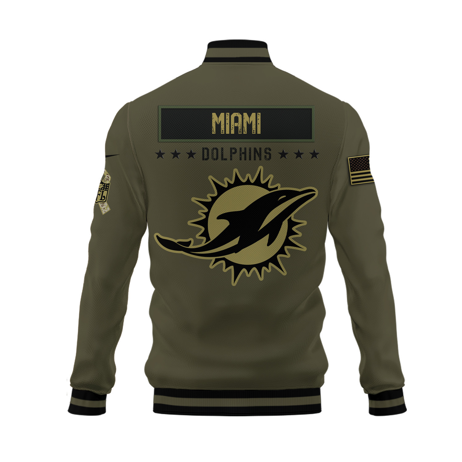 Miami Dolphins Salute To Service Club Baseball Jacket Varsity Jacket - Green - Famjoys Miami Dolphins Salute To Service Club Baseball Jacket Varsity Jacket - Green - Famjoys