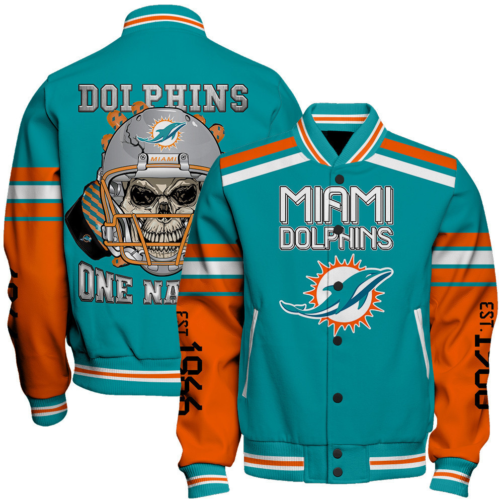 Miami Dolphins Skull And Gloves Pattern Varsity Jacket - Famjoys Miami Dolphins Skull And Gloves Pattern Varsity Jacket - Famjoys