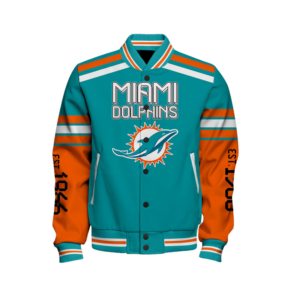 Miami Dolphins Skull And Gloves Pattern Varsity Jacket - Famjoys Miami Dolphins Skull And Gloves Pattern Varsity Jacket - Famjoys
