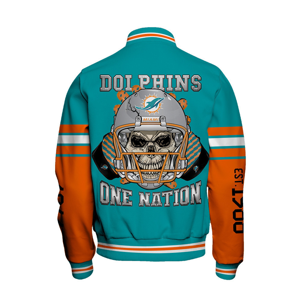 Miami Dolphins Skull And Gloves Pattern Varsity Jacket - Famjoys Miami Dolphins Skull And Gloves Pattern Varsity Jacket - Famjoys