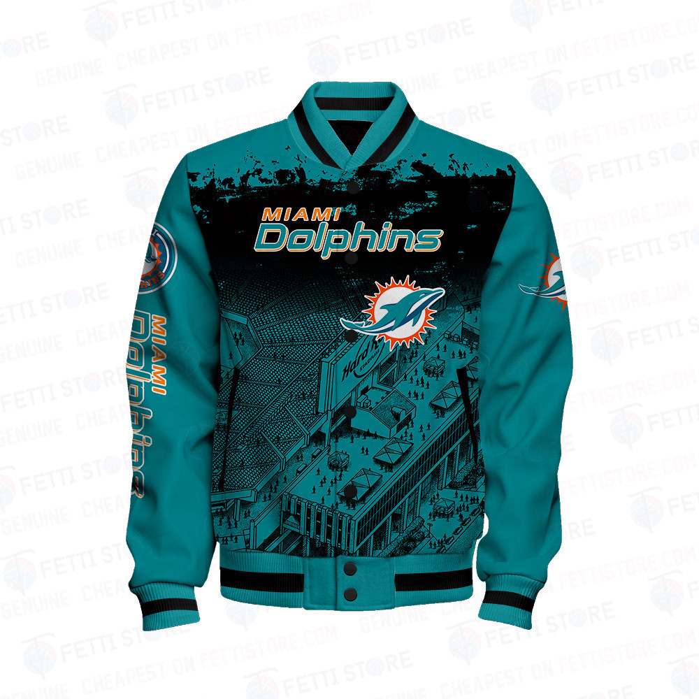 Miami Dolphins Skull Helmet Halloween Pattern Varsity Jacket - Famjoys Miami Dolphins Skull Helmet Halloween Pattern Varsity Jacket - Famjoys