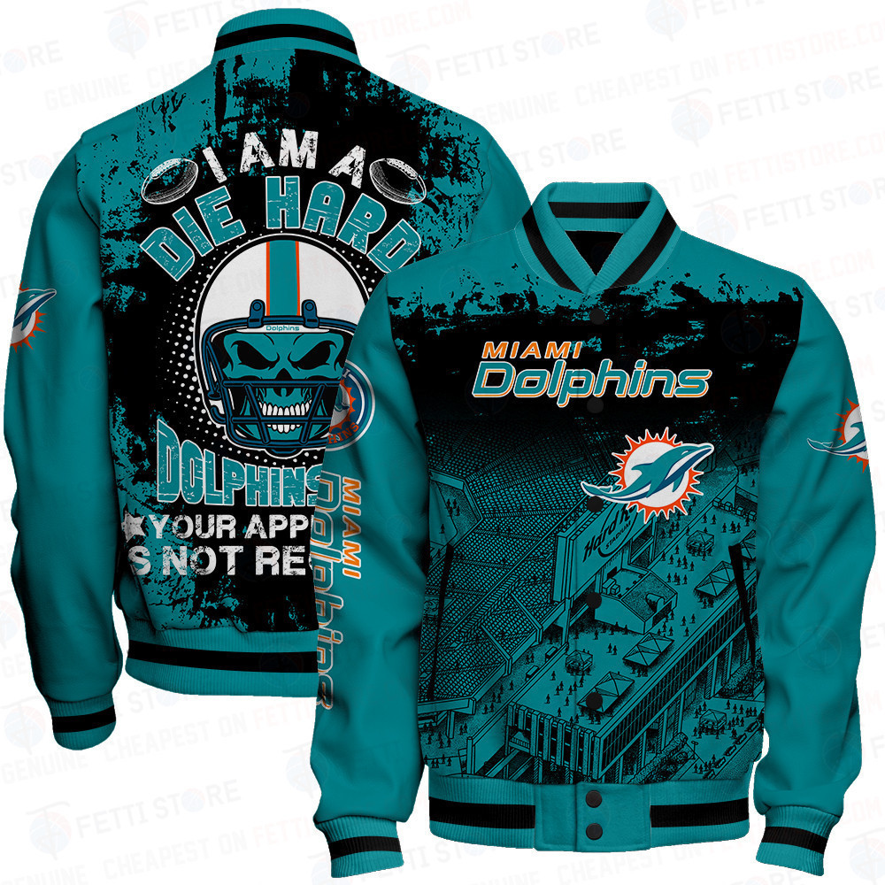 Miami Dolphins Skull Helmet Halloween Pattern Varsity Jacket - Famjoys Miami Dolphins Skull Helmet Halloween Pattern Varsity Jacket - Famjoys