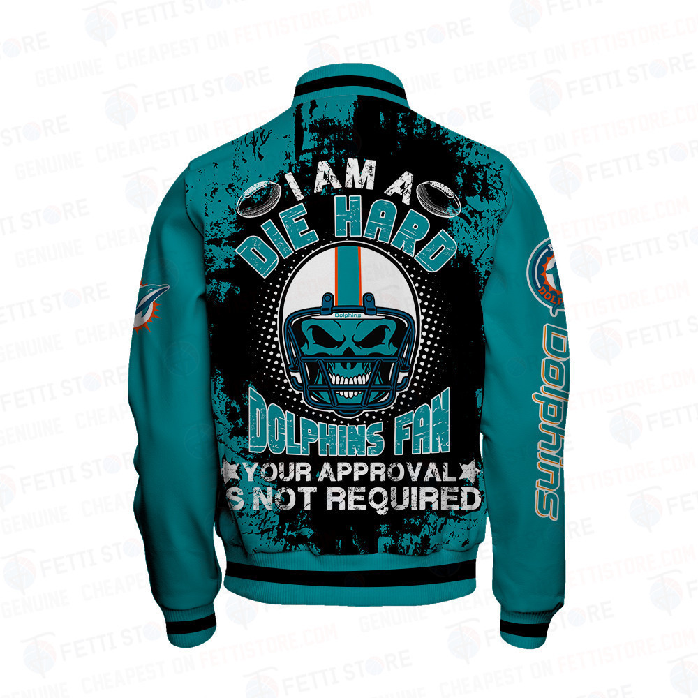 Miami Dolphins Skull Helmet Halloween Pattern Varsity Jacket - Famjoys Miami Dolphins Skull Helmet Halloween Pattern Varsity Jacket - Famjoys