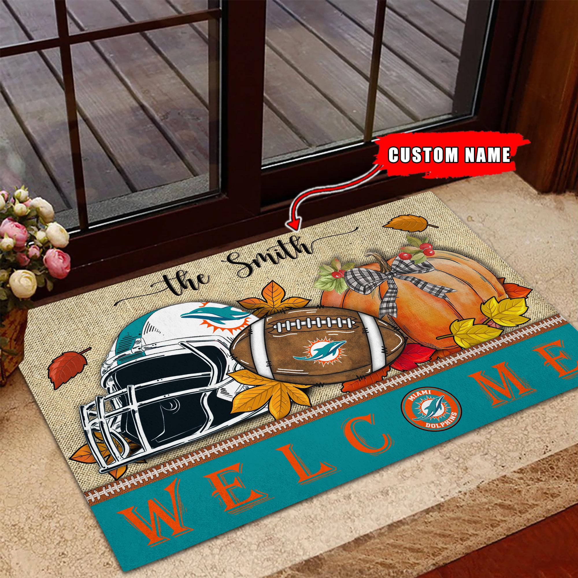 Miami Dolphins Welcome Fall Football Doormat - Famjoys Miami Dolphins Welcome Fall Football Doormat - Famjoys
