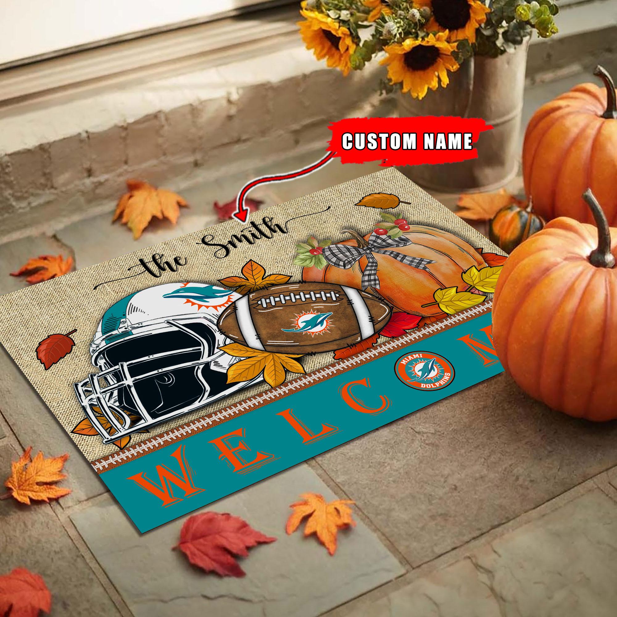 Miami Dolphins Welcome Fall Football Doormat - Famjoys Miami Dolphins Welcome Fall Football Doormat - Famjoys