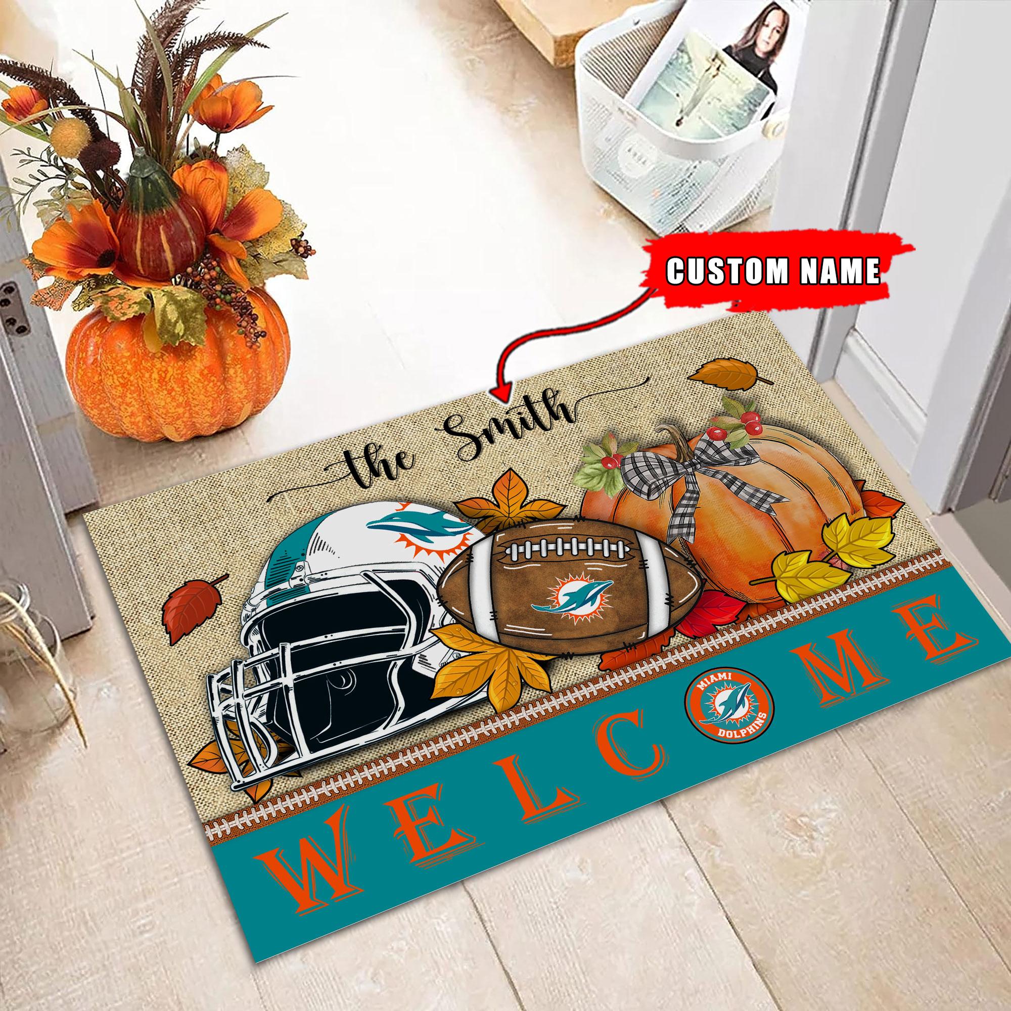 Miami Dolphins Welcome Fall Football Doormat - Famjoys Miami Dolphins Welcome Fall Football Doormat - Famjoys