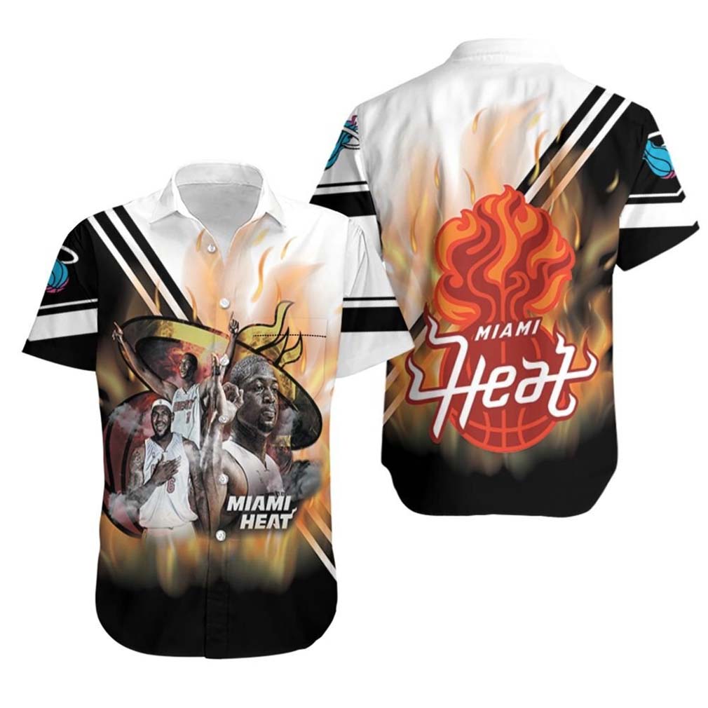 Miami Heat Big Three Chris Bosh Lebron James Dwyane Wade On Fire Hawaiian Shirt - Famjoys Miami Heat Big Three Chris Bosh Lebron James Dwyane Wade On Fire Hawaiian Shirt - Famjoys