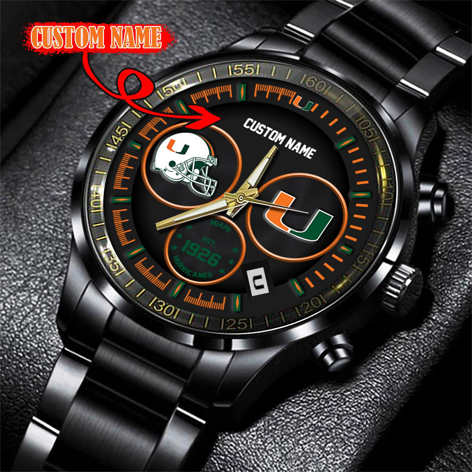 Miami Hurricanes Black Stainless Steel Watch - Famjoys Miami Hurricanes Black Stainless Steel Watch - Famjoys