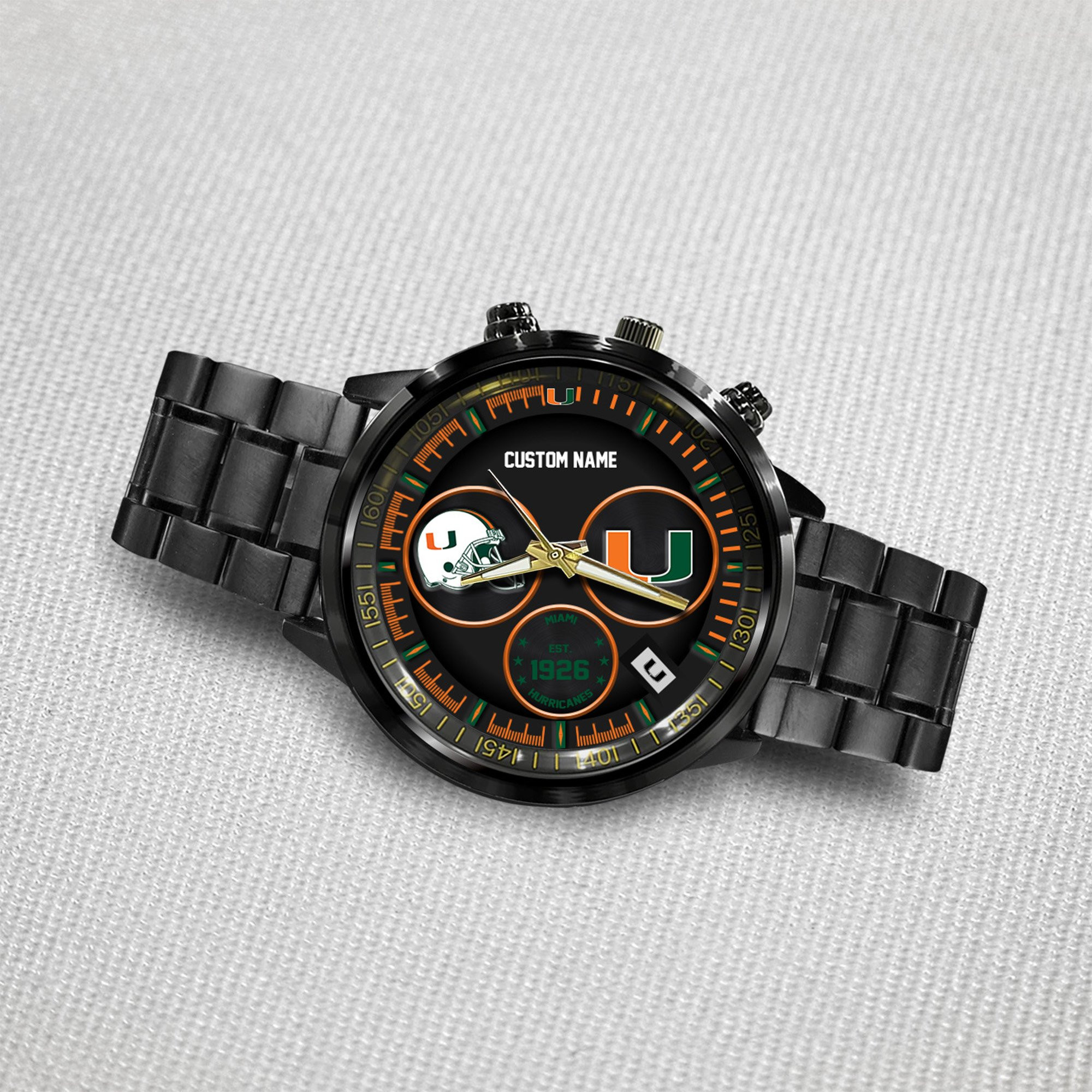 Miami Hurricanes Black Stainless Steel Watch - Famjoys Miami Hurricanes Black Stainless Steel Watch - Famjoys