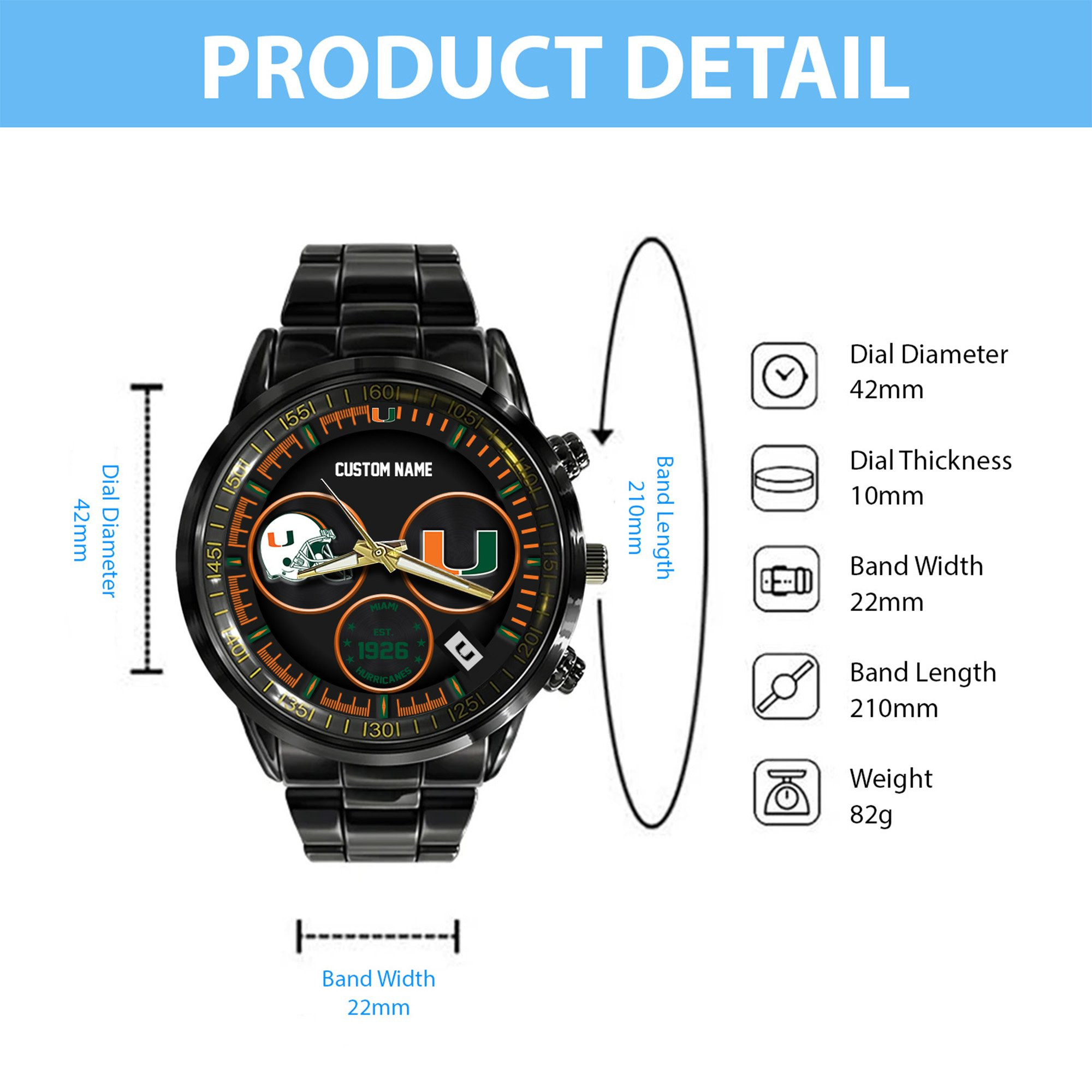 Miami Hurricanes Black Stainless Steel Watch - Famjoys Miami Hurricanes Black Stainless Steel Watch - Famjoys