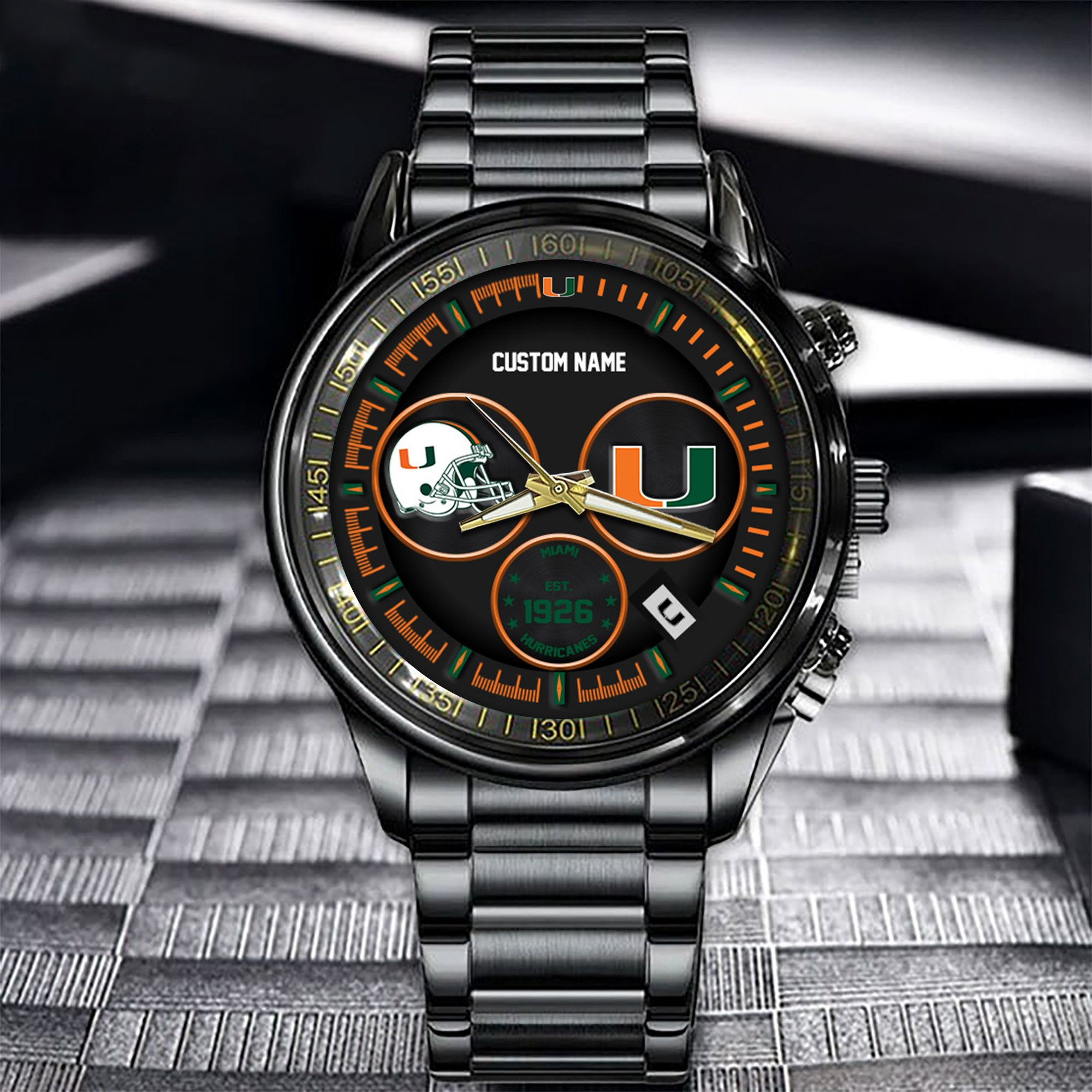 Miami Hurricanes Black Stainless Steel Watch - Famjoys Miami Hurricanes Black Stainless Steel Watch - Famjoys