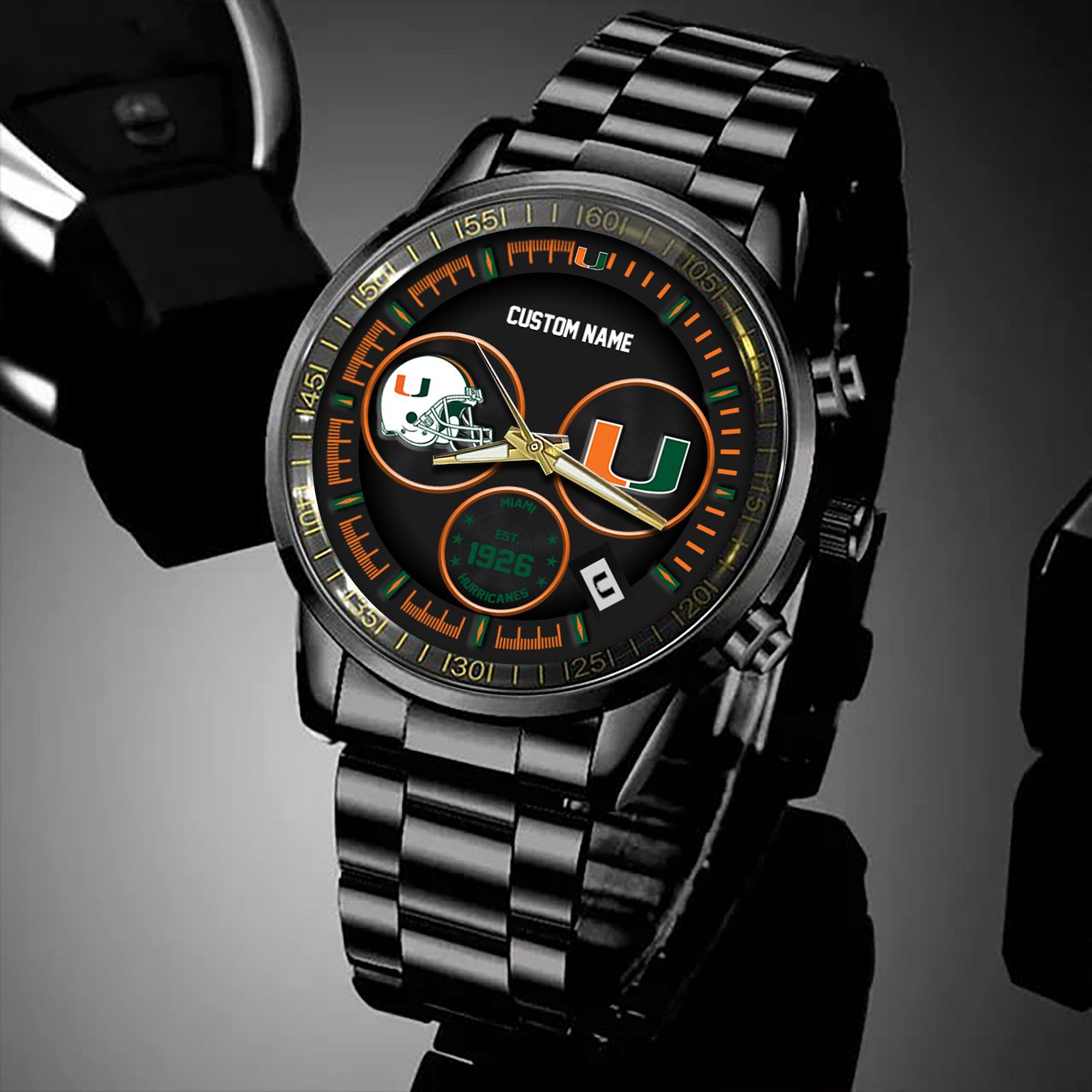 Miami Hurricanes Black Stainless Steel Watch - Famjoys Miami Hurricanes Black Stainless Steel Watch - Famjoys