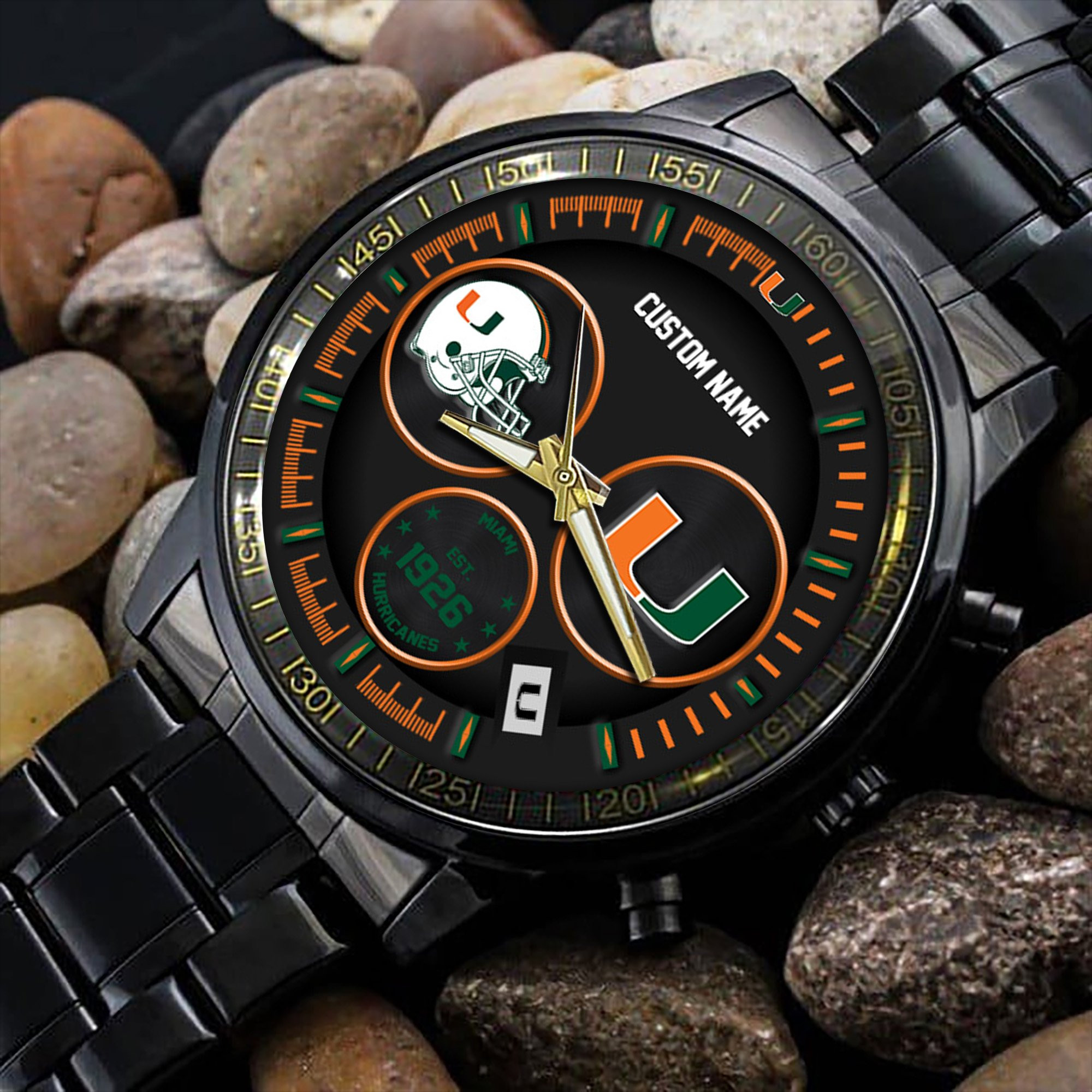Miami Hurricanes Black Stainless Steel Watch - Famjoys Miami Hurricanes Black Stainless Steel Watch - Famjoys