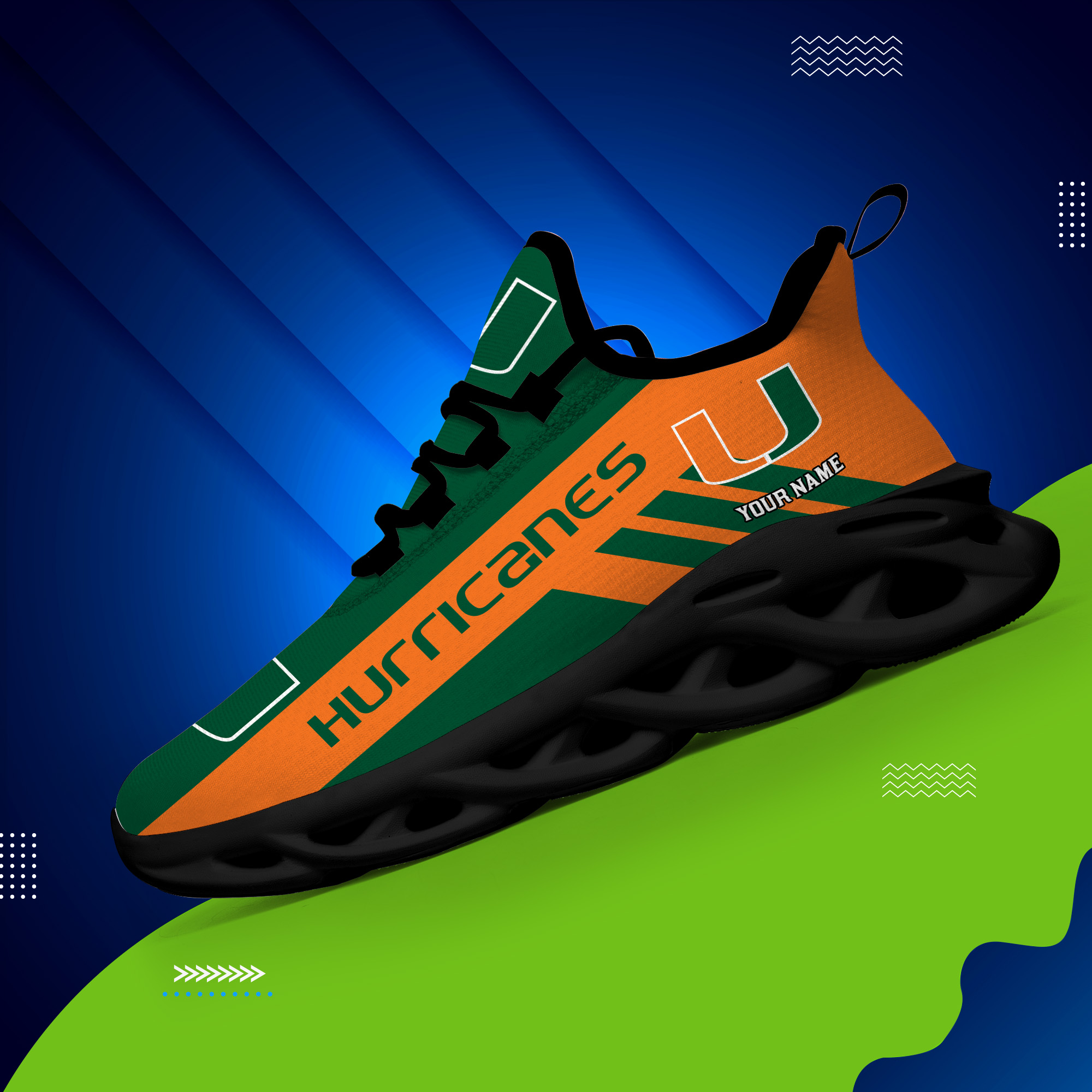 Miami Hurricanes Custom Name PERSONALIZED MAX SOUL SHOES DS004 - Famjoys Miami Hurricanes Custom Name PERSONALIZED MAX SOUL SHOES DS004 - Famjoys