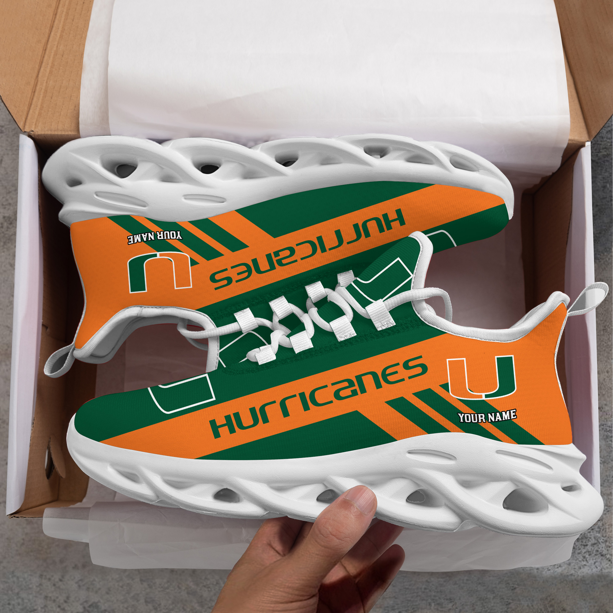 Miami Hurricanes Custom Name PERSONALIZED MAX SOUL SHOES DS004 - Famjoys Miami Hurricanes Custom Name PERSONALIZED MAX SOUL SHOES DS004 - Famjoys