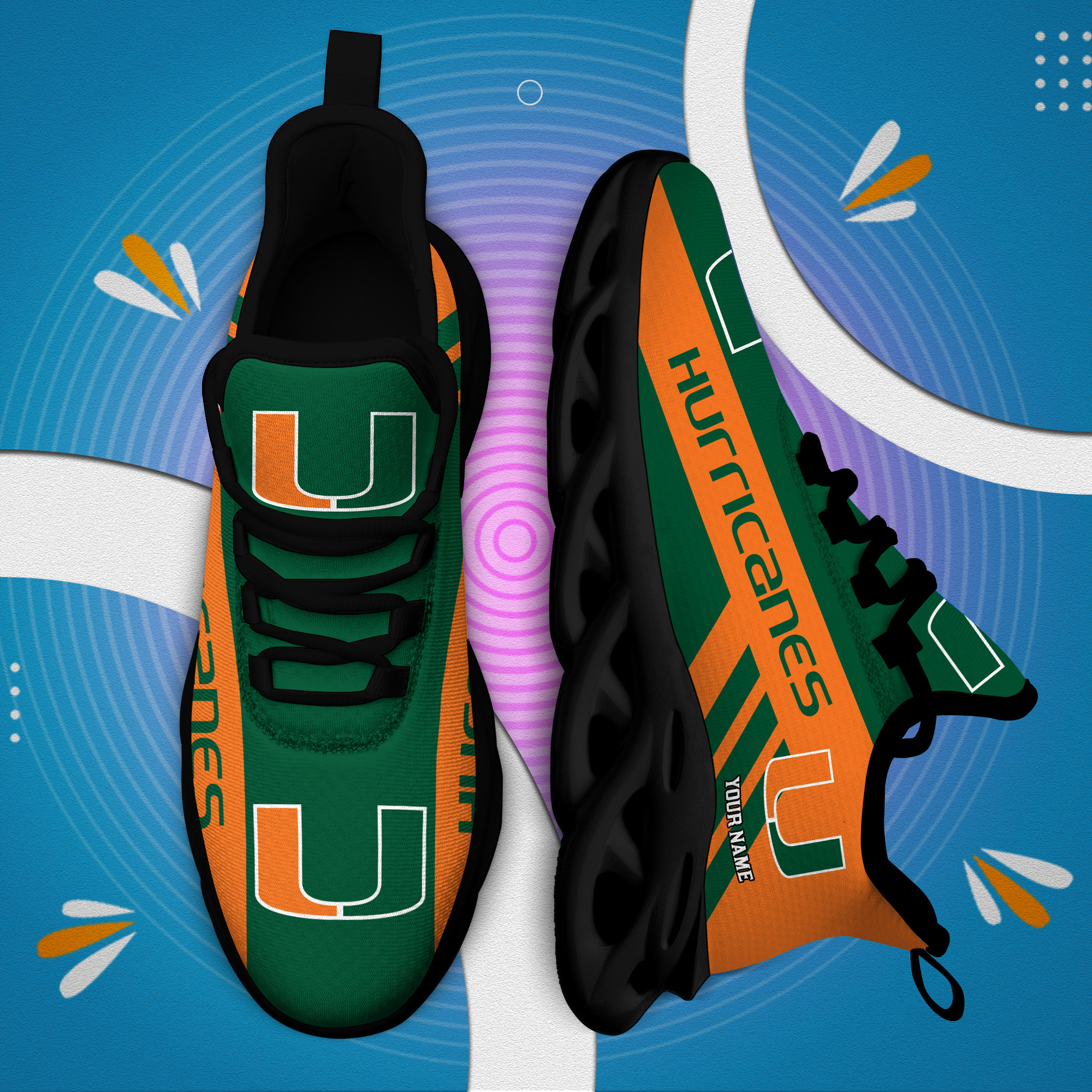 Miami Hurricanes Custom Name PERSONALIZED MAX SOUL SHOES DS004 - Famjoys Miami Hurricanes Custom Name PERSONALIZED MAX SOUL SHOES DS004 - Famjoys