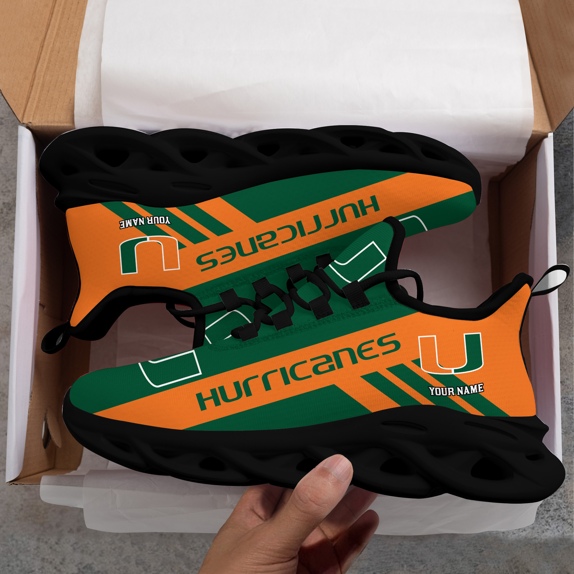 Miami Hurricanes Custom Name PERSONALIZED MAX SOUL SHOES DS004 - Famjoys Miami Hurricanes Custom Name PERSONALIZED MAX SOUL SHOES DS004 - Famjoys