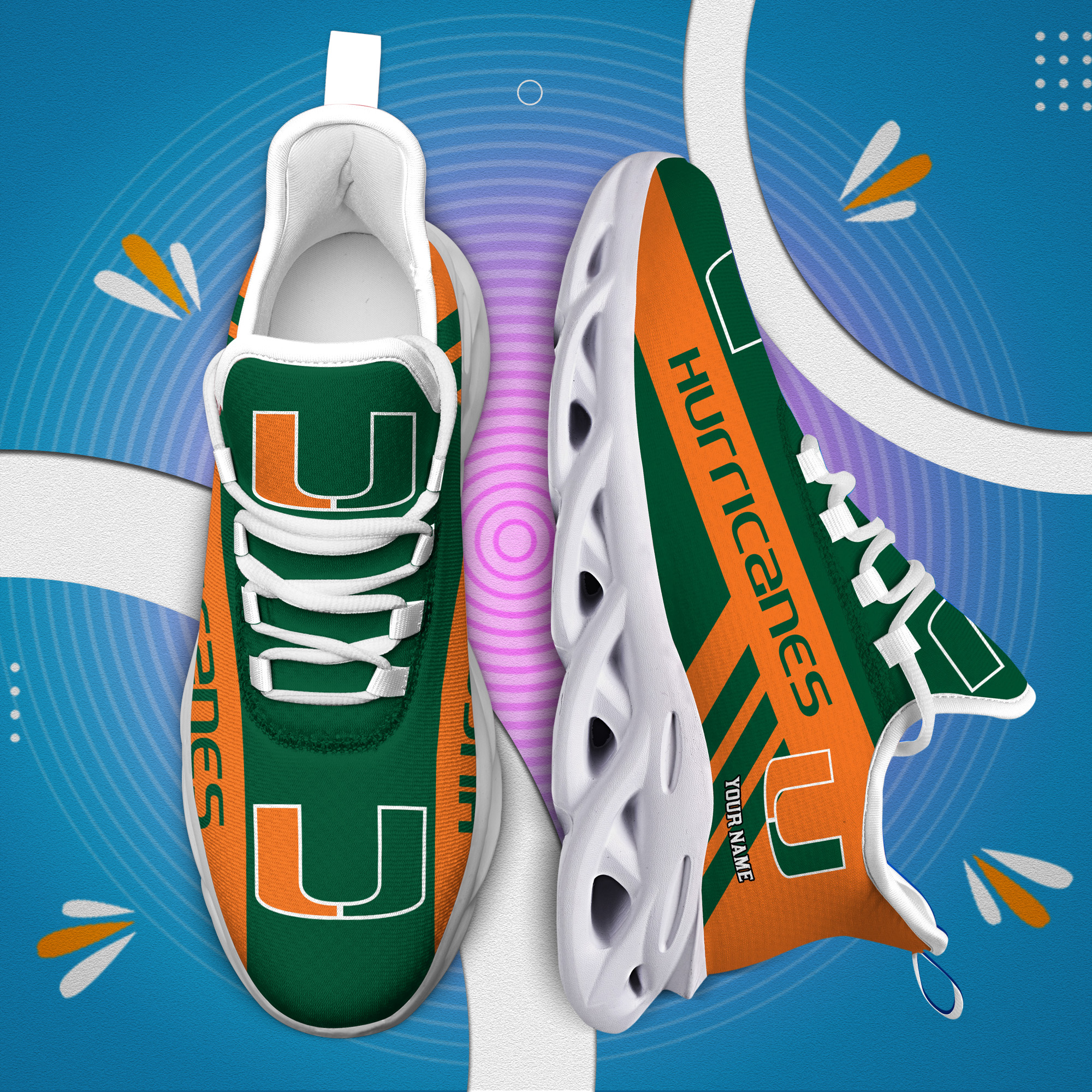 Miami Hurricanes Custom Name PERSONALIZED MAX SOUL SHOES DS004 - Famjoys Miami Hurricanes Custom Name PERSONALIZED MAX SOUL SHOES DS004 - Famjoys