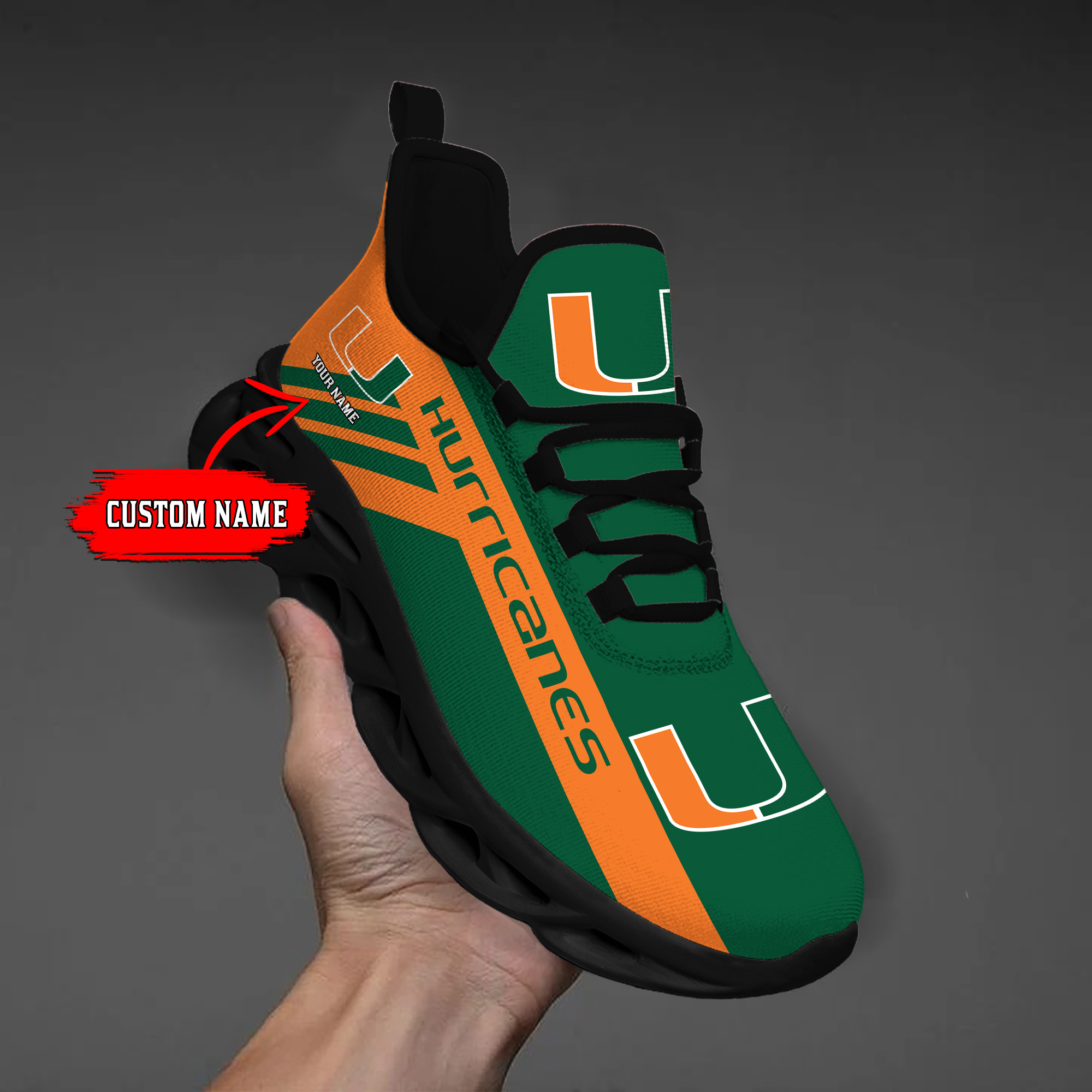 Miami Hurricanes Custom Name PERSONALIZED MAX SOUL SHOES DS004 - Famjoys Miami Hurricanes Custom Name PERSONALIZED MAX SOUL SHOES DS004 - Famjoys