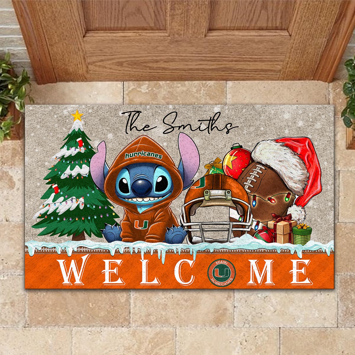 Miami Hurricanes Cute Stitch Christmas Doormat - Famjoys Miami Hurricanes Cute Stitch Christmas Doormat - Famjoys
