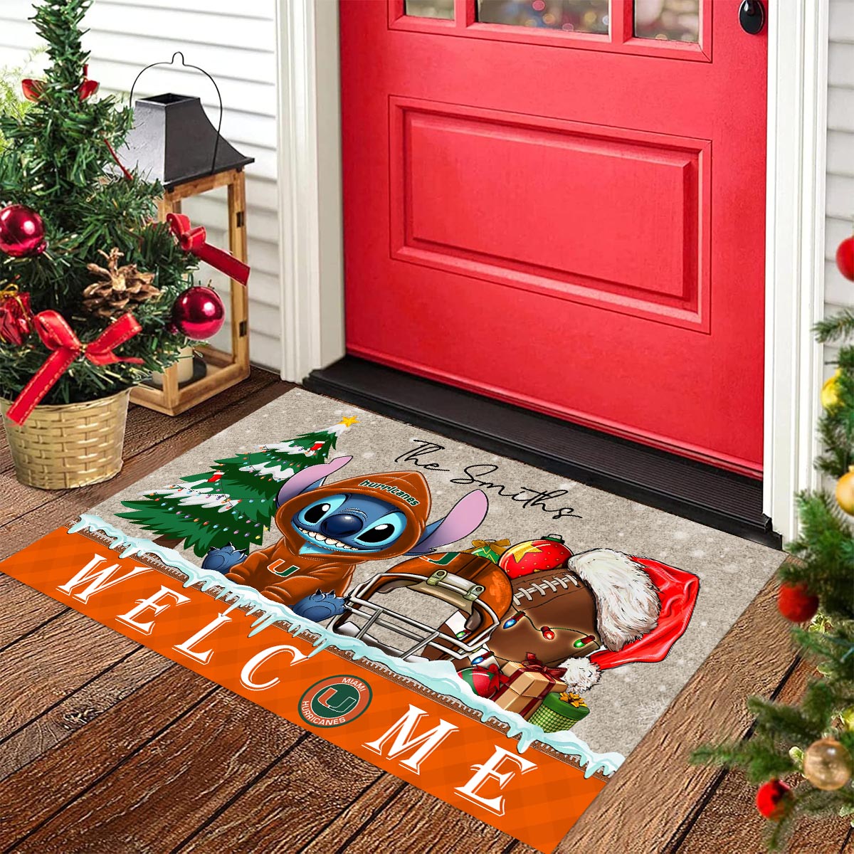 Miami Hurricanes Cute Stitch Christmas Doormat - Famjoys Miami Hurricanes Cute Stitch Christmas Doormat - Famjoys