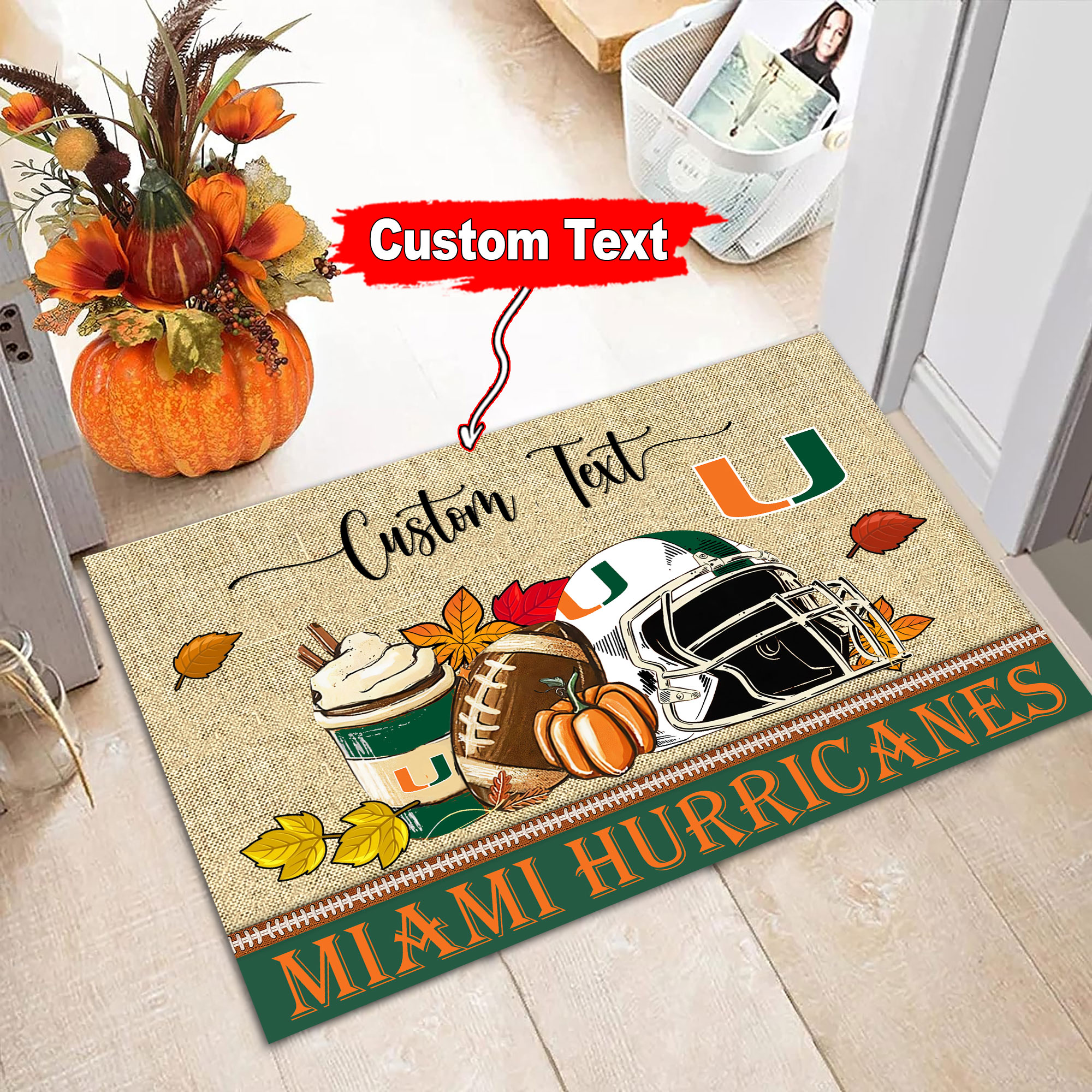 Miami Hurricanes Fall Football Custom Doormat - Custom Text - Famjoys Miami Hurricanes Fall Football Custom Doormat - Custom Text - Famjoys