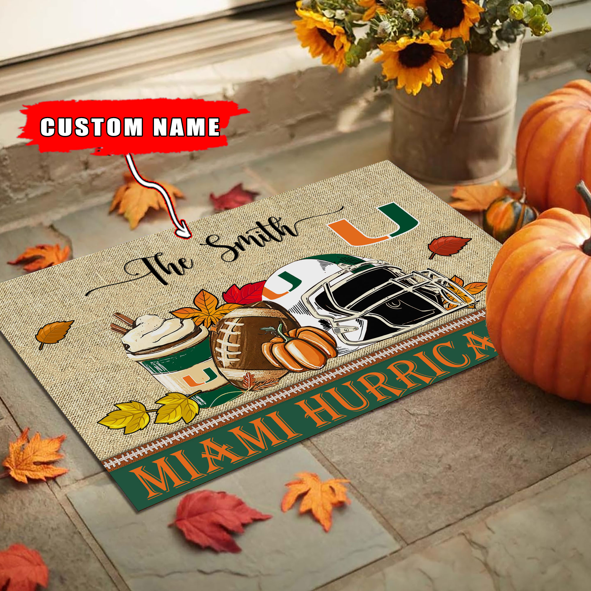 Miami Hurricanes Fall Football Custom Doormat - Custom Text - Famjoys Miami Hurricanes Fall Football Custom Doormat - Custom Text - Famjoys
