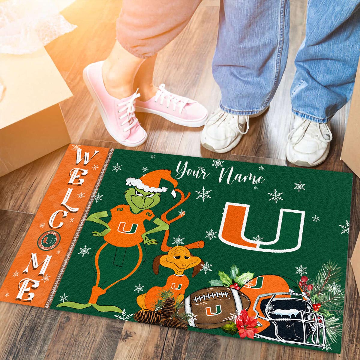 Miami Hurricanes Grinch Christmas Welcome Football Doormat - Famjoys Miami Hurricanes Grinch Christmas Welcome Football Doormat - Famjoys