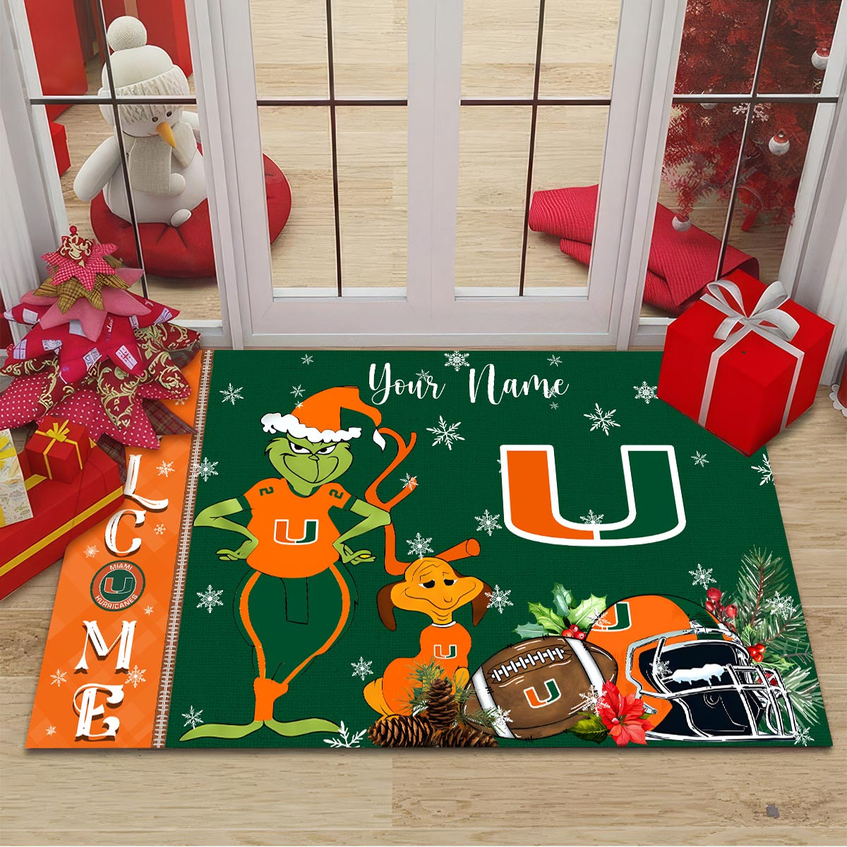 Miami Hurricanes Grinch Christmas Welcome Football Doormat - Famjoys Miami Hurricanes Grinch Christmas Welcome Football Doormat - Famjoys