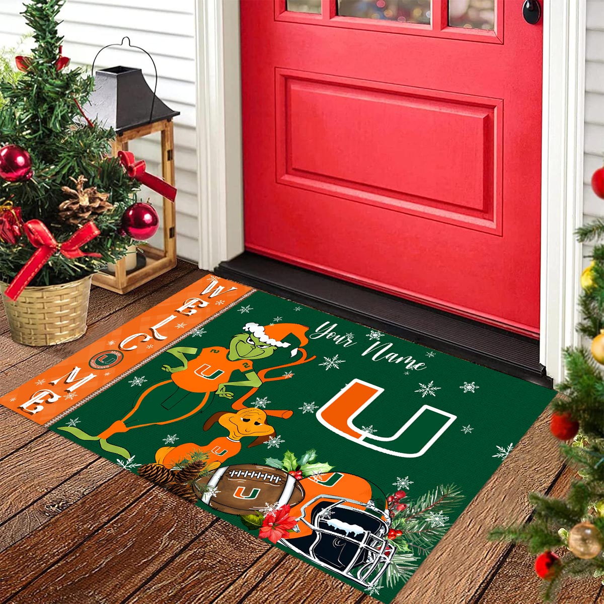 Miami Hurricanes Grinch Christmas Welcome Football Doormat - Famjoys Miami Hurricanes Grinch Christmas Welcome Football Doormat - Famjoys