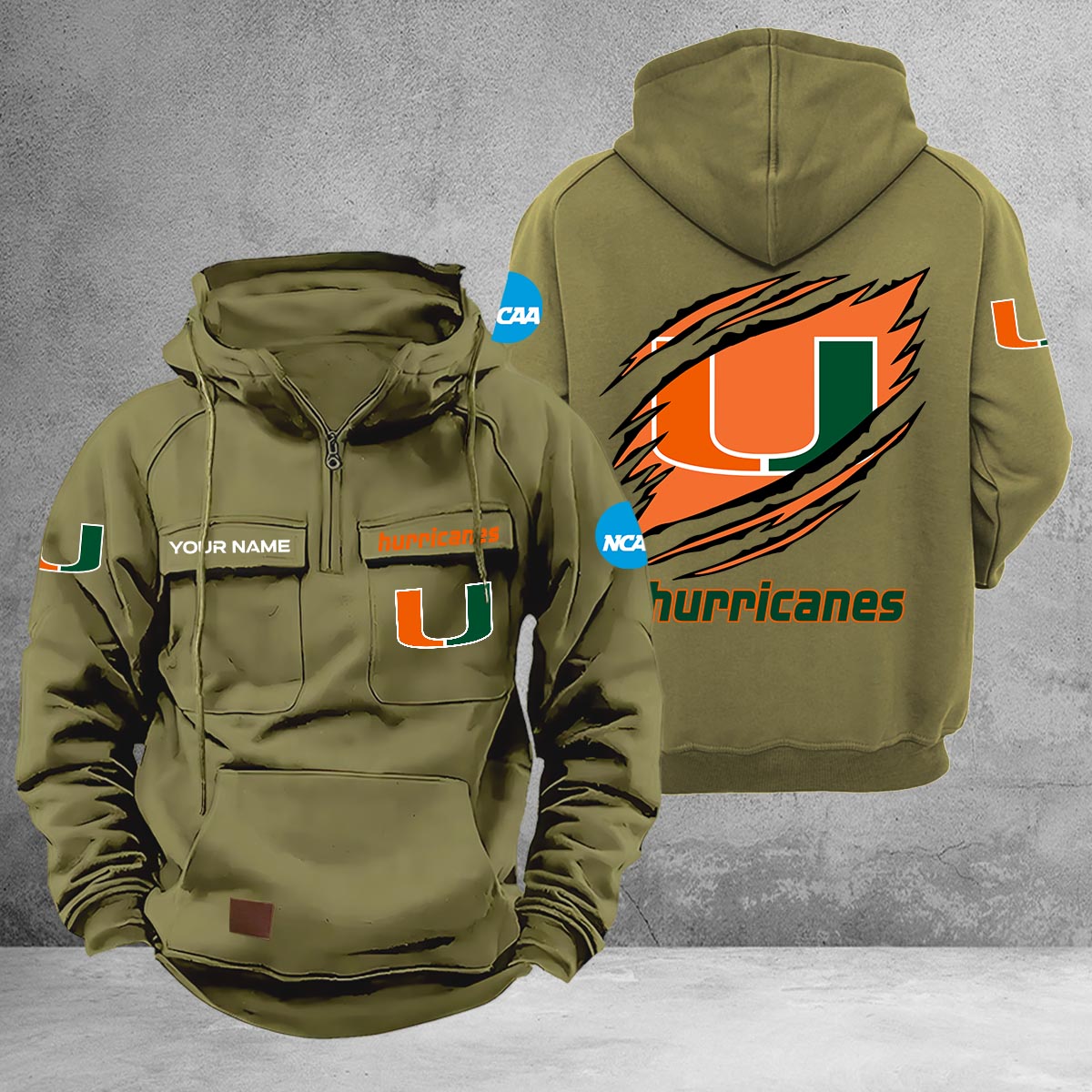 Miami Hurricanes Multi-Pockets Zip-Up Hoodie - Famjoys Miami Hurricanes Multi-Pockets Zip-Up Hoodie - Famjoys