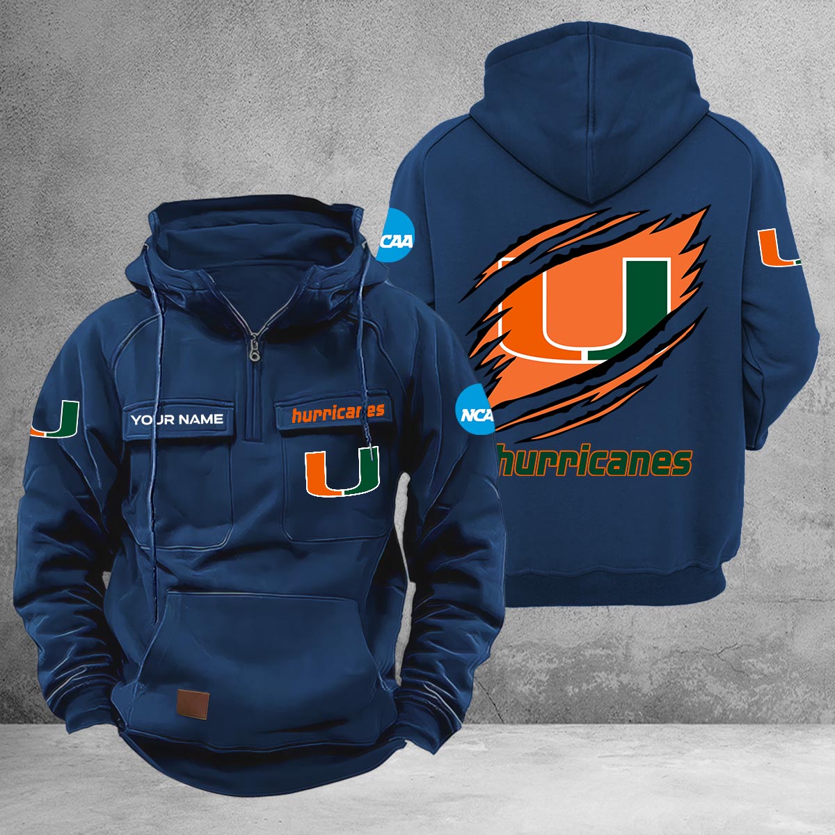 Miami Hurricanes Multi-Pockets Zip-Up Hoodie - Famjoys Miami Hurricanes Multi-Pockets Zip-Up Hoodie - Famjoys