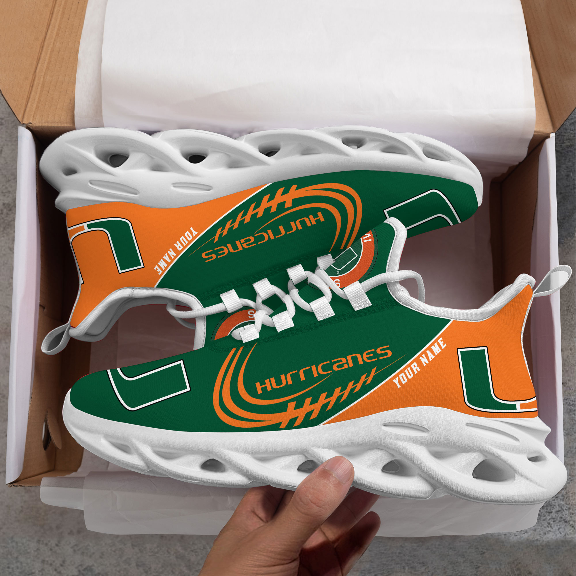 Miami Hurricanes PERSONALIZED MAX SOUL SHOES T1 - Famjoys Miami Hurricanes PERSONALIZED MAX SOUL SHOES T1 - Famjoys