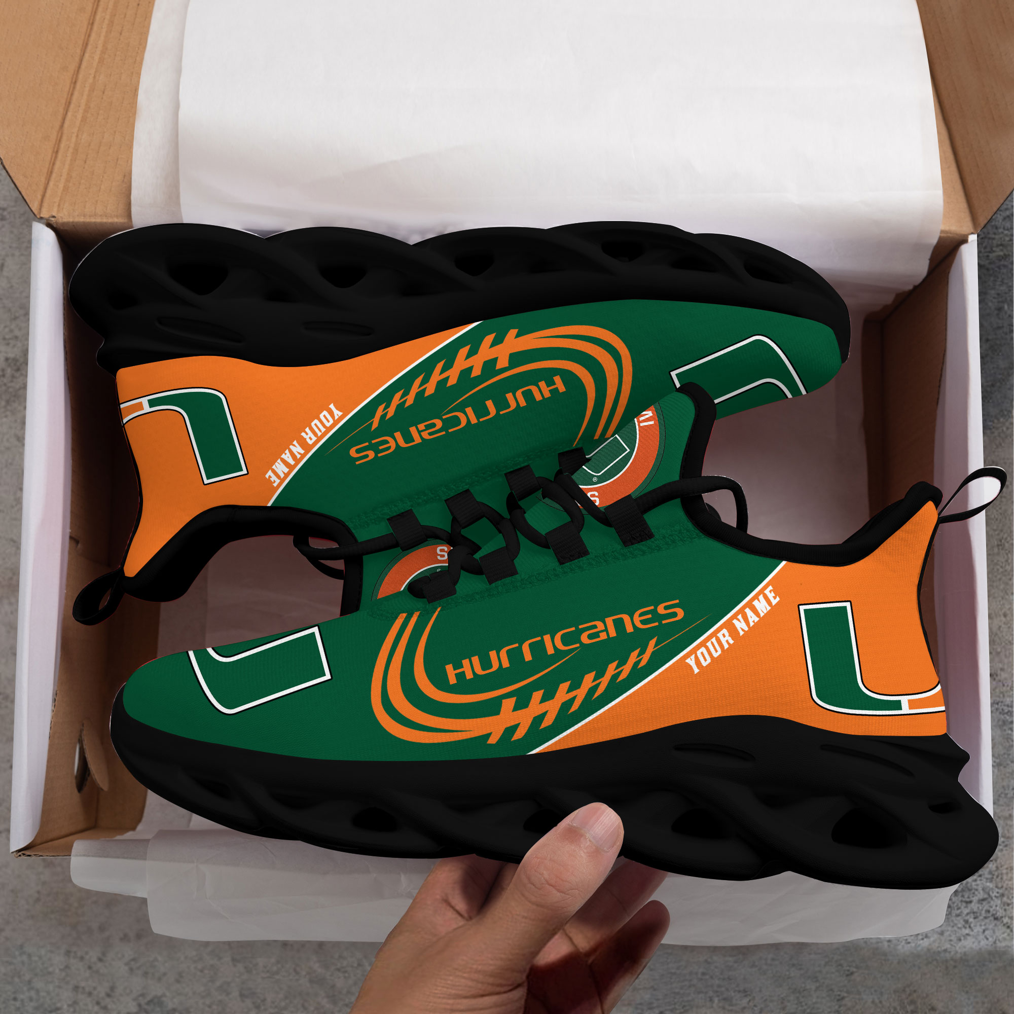 Miami Hurricanes PERSONALIZED MAX SOUL SHOES T1 - Famjoys Miami Hurricanes PERSONALIZED MAX SOUL SHOES T1 - Famjoys