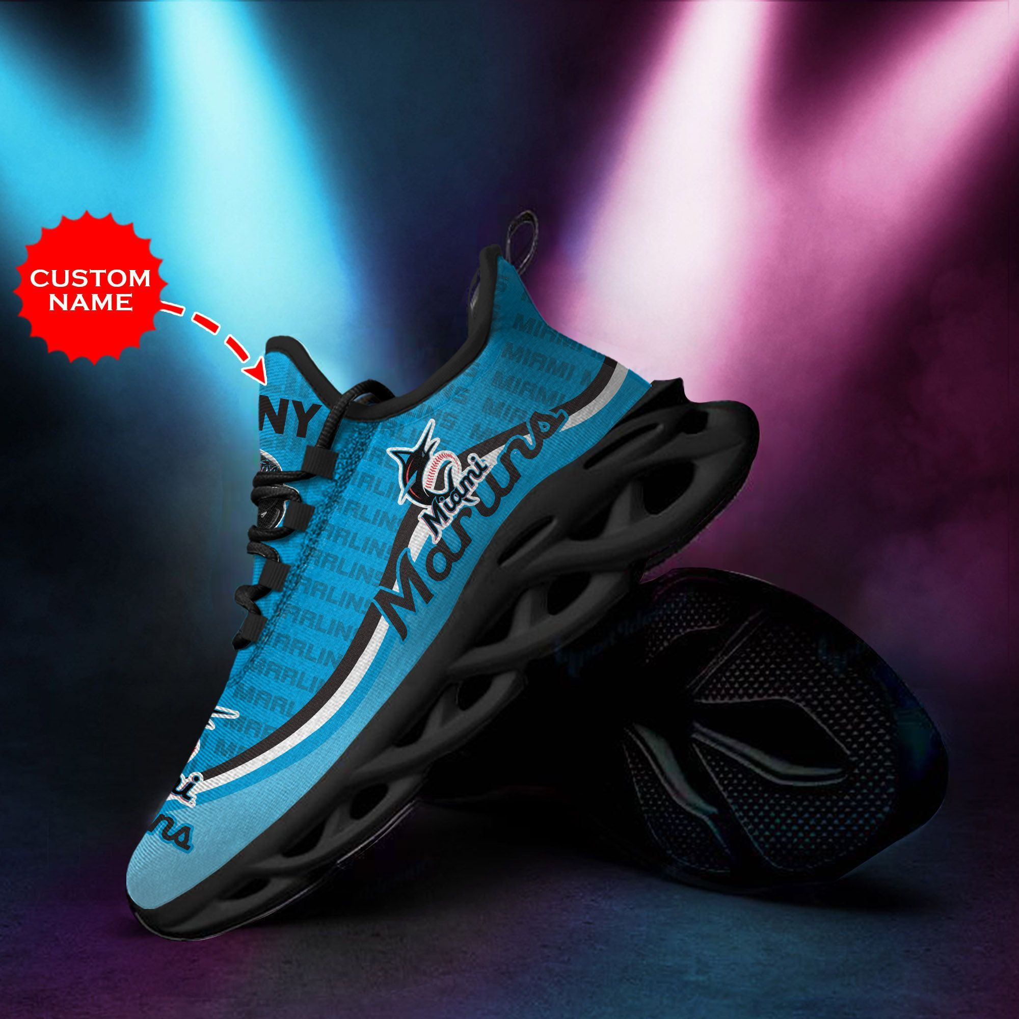 Miami Marlins Custom Personalized Max Soul Sneakers Shoes - Famjoys Miami Marlins Custom Personalized Max Soul Sneakers Shoes - Famjoys
