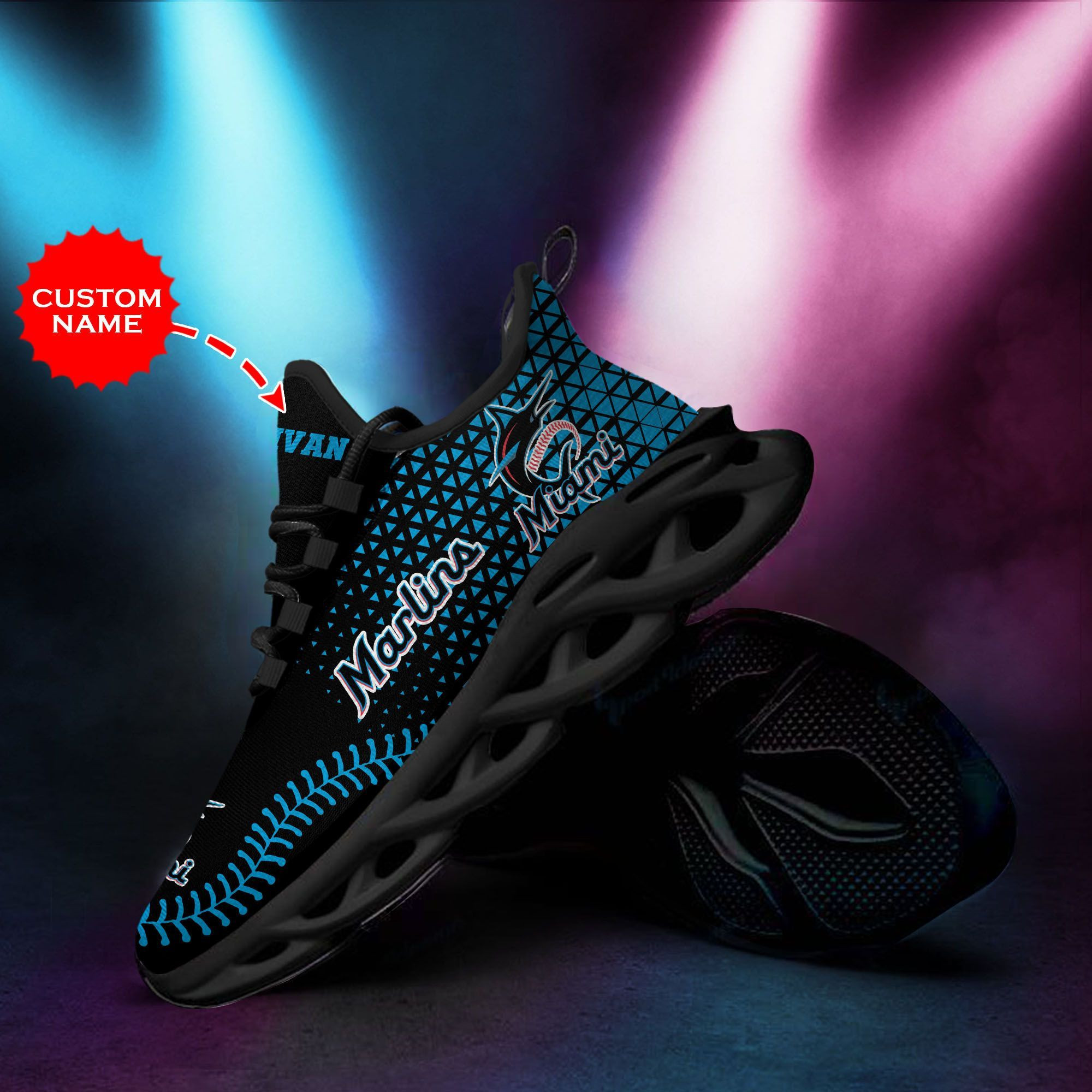 Miami Marlins Custom Personalized Max Soul Sneakers Shoes - Famjoys Miami Marlins Custom Personalized Max Soul Sneakers Shoes - Famjoys