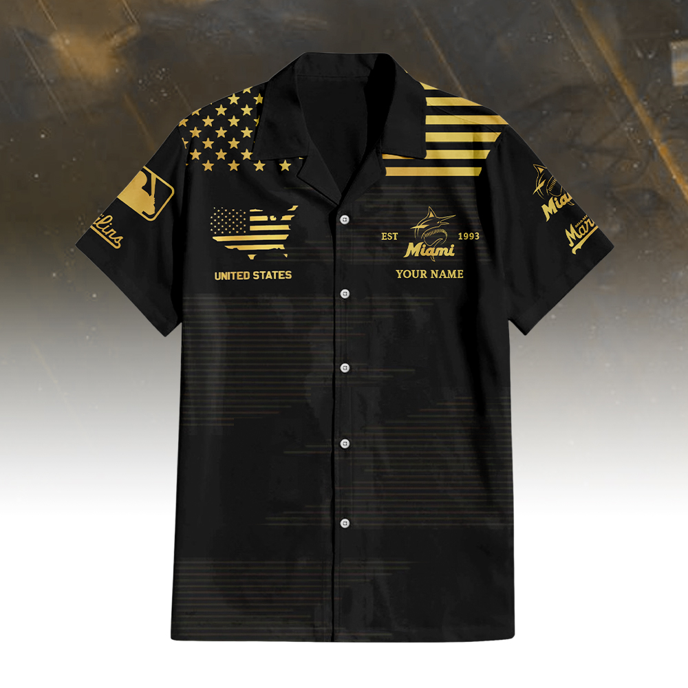 Miami Marlins Golden Hawaiian Shirt - Famjoys Miami Marlins Golden Hawaiian Shirt - Famjoys