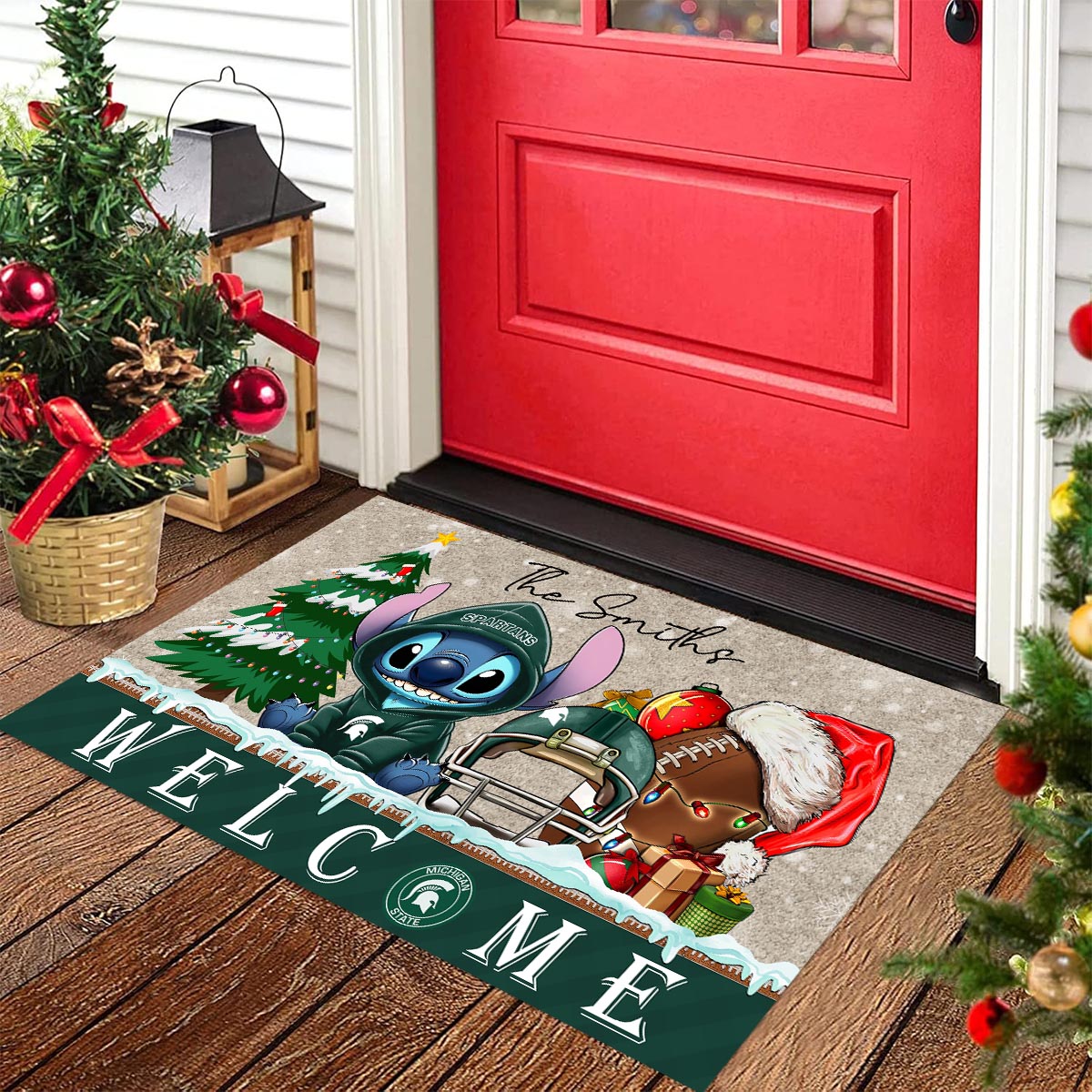 Michigan State Spartans Cute Stitch Christmas Doormat - Famjoys Michigan State Spartans Cute Stitch Christmas Doormat - Famjoys