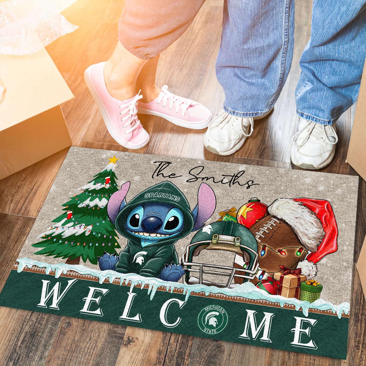 Michigan State Spartans Cute Stitch Christmas Doormat - Famjoys Michigan State Spartans Cute Stitch Christmas Doormat - Famjoys