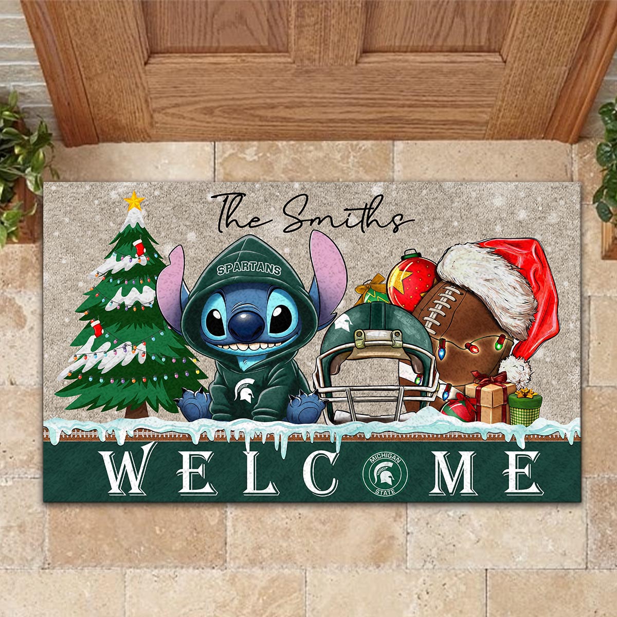 Michigan State Spartans Cute Stitch Christmas Doormat - Famjoys Michigan State Spartans Cute Stitch Christmas Doormat - Famjoys