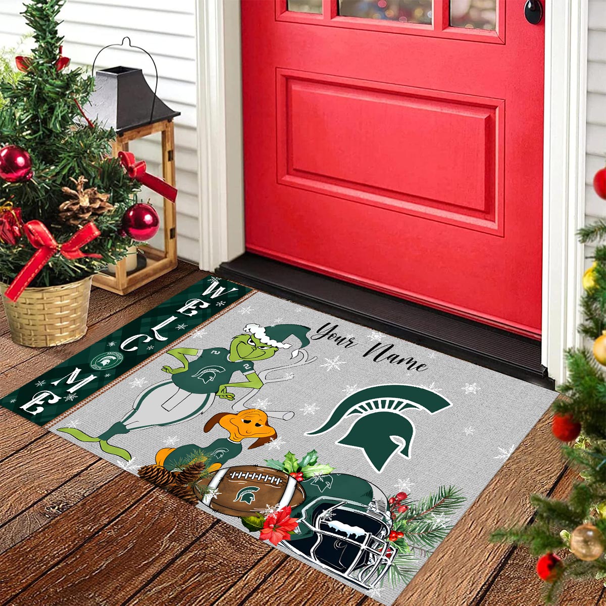 Michigan State Spartans Grinch Christmas Welcome Football Doormat - Famjoys Michigan State Spartans Grinch Christmas Welcome Football Doormat - Famjoys