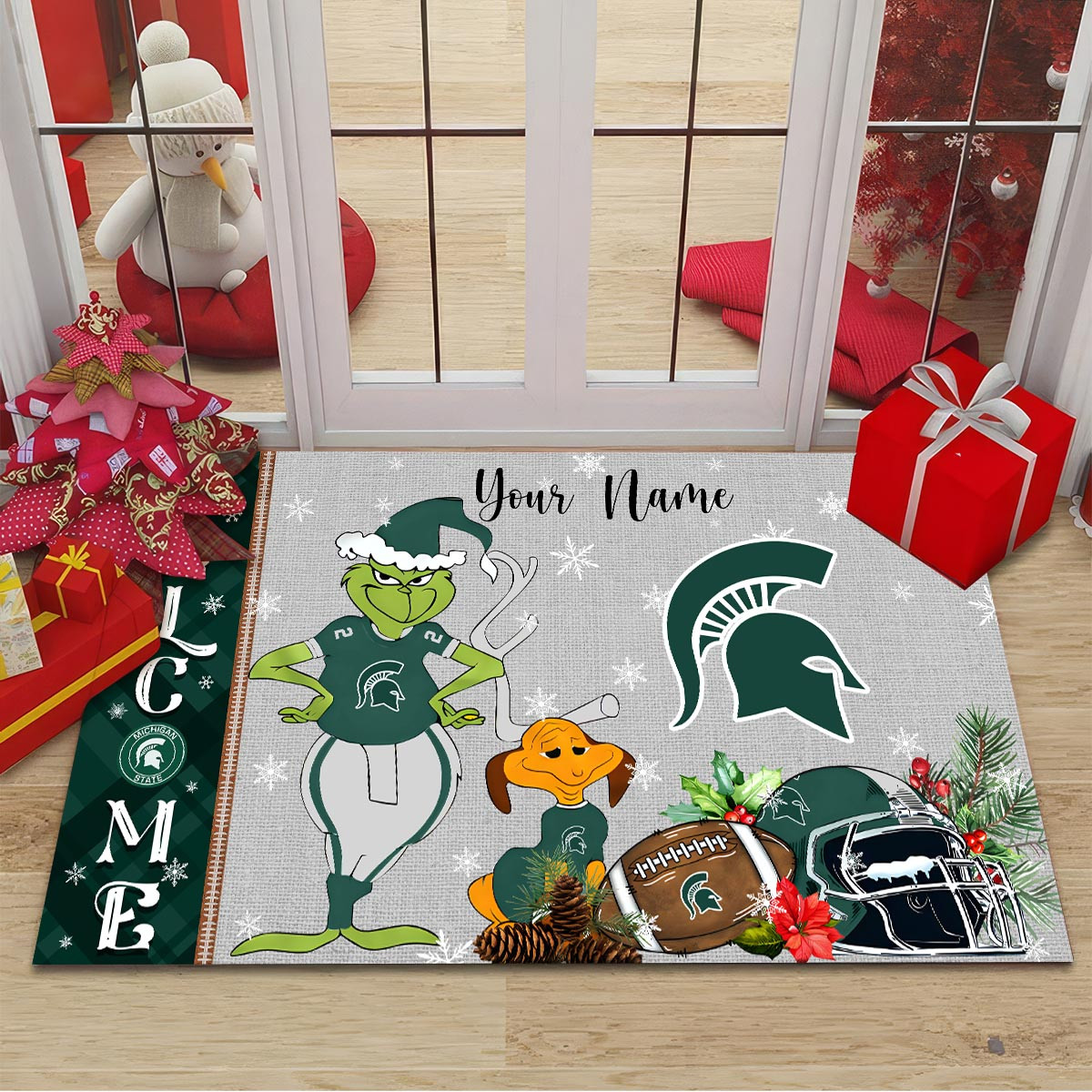 Michigan State Spartans Grinch Christmas Welcome Football Doormat - Famjoys Michigan State Spartans Grinch Christmas Welcome Football Doormat - Famjoys