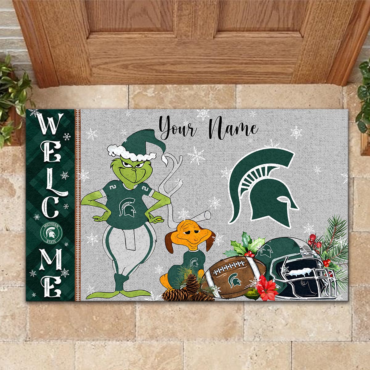 Michigan State Spartans Grinch Christmas Welcome Football Doormat - Famjoys Michigan State Spartans Grinch Christmas Welcome Football Doormat - Famjoys