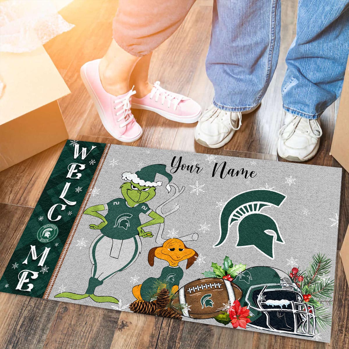 Michigan State Spartans Grinch Christmas Welcome Football Doormat - Famjoys Michigan State Spartans Grinch Christmas Welcome Football Doormat - Famjoys