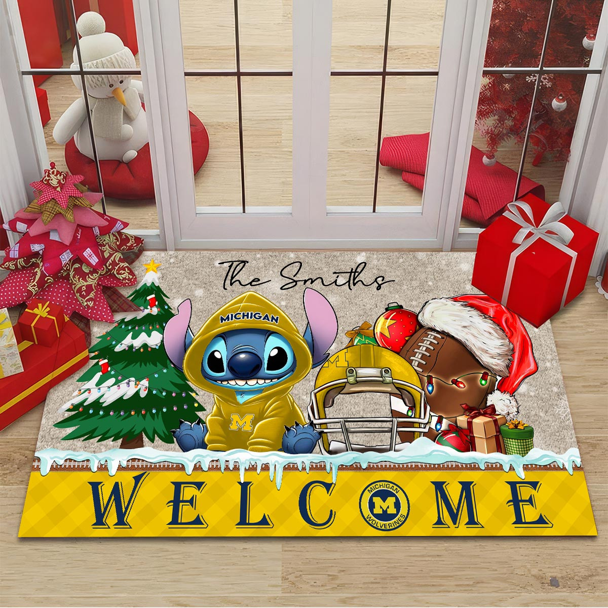 Michigan Wolverines Cute Stitch Christmas Doormat - Famjoys Michigan Wolverines Cute Stitch Christmas Doormat - Famjoys